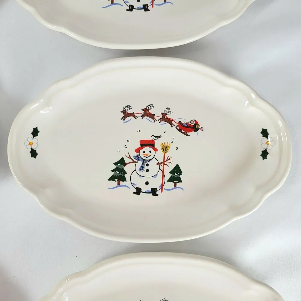 Pfaltzgraff Snow Village Relish Oval Dish Plate Vtg Christmas Snowman Set of 6